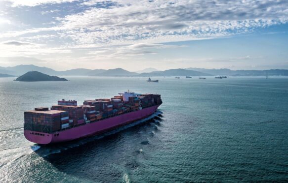 An aerial view of a fully loaded container ship arriving Hong Kong, on 31 March 2022.