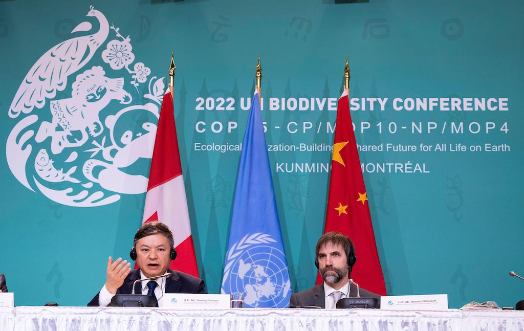 Huang Runqiu, China’s minister of ecology and environment, and Canadian environment minister Steven Guilbeault at COP15. 