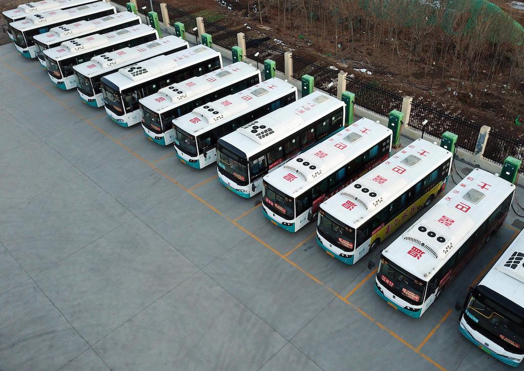 Aerial photo of electric buses in east China.