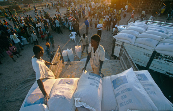 Food aid for displaced people at a camp in Angola
