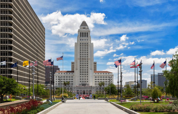 USA, California, Los Angeles, Grand Park and Los Angeles City Hall