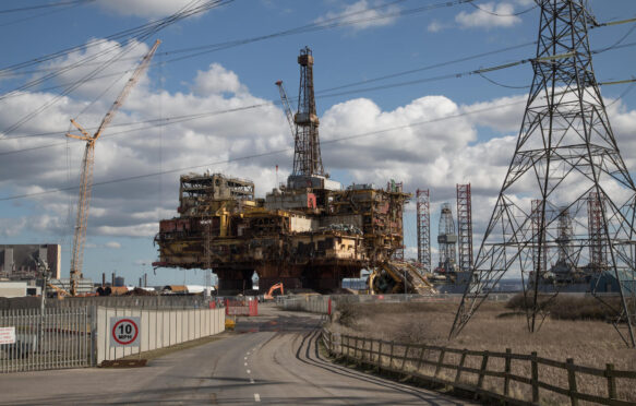 Brent Delta oil platform being dismantled at Seaton Port, United Kingdom, on 5 April 2018.
