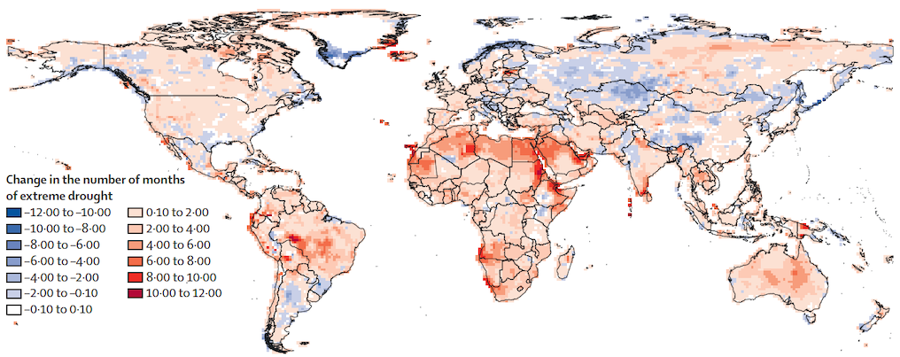 Global land area affected by at least one month of “extreme drought” per year.