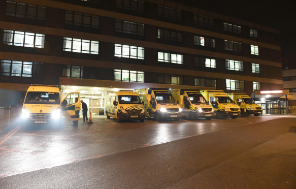 Queue of ambulances at the accident and emergency department at Queen Alexandra Hospital in Portsmouth, Hampshire
