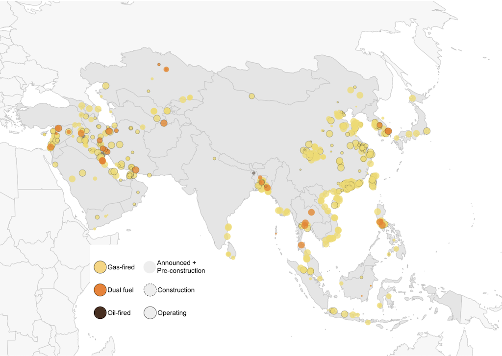 Locations of oil- (black), dual-fuel (orange) and gas-fired (yellow) power developments in the Middle East and Asia. 
