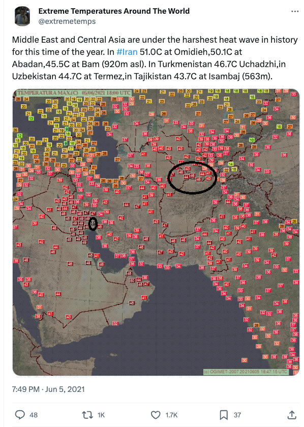 Tweet from @extremetemps (Extreme temperatures Around The World). Tweet text: Middle East and Central Asia are under the harshest heat wave in history for this time of the year. In #Iran 51.0C at Omidieh, 50.1C at Abadan, 45.5C at Bam (920m asl). In Turkmenistan 46.7C Uchadzhi, in Uzbekistan 44.7C at Termez, in Tajikistan 43.7C at Isambaj (563m).