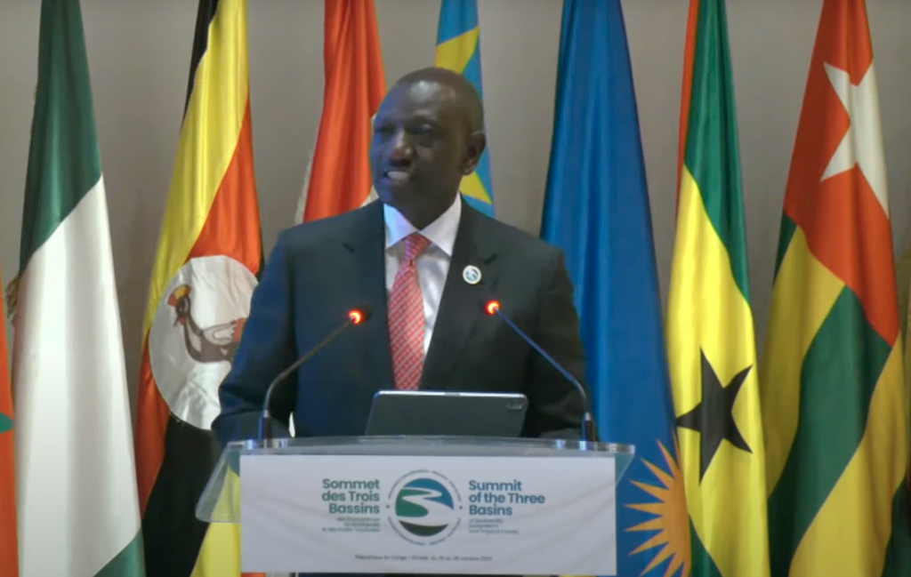 Kenyan president William Ruto giving a speech at the Three Basins Summit in Brazzaville on 28 October 2023.
